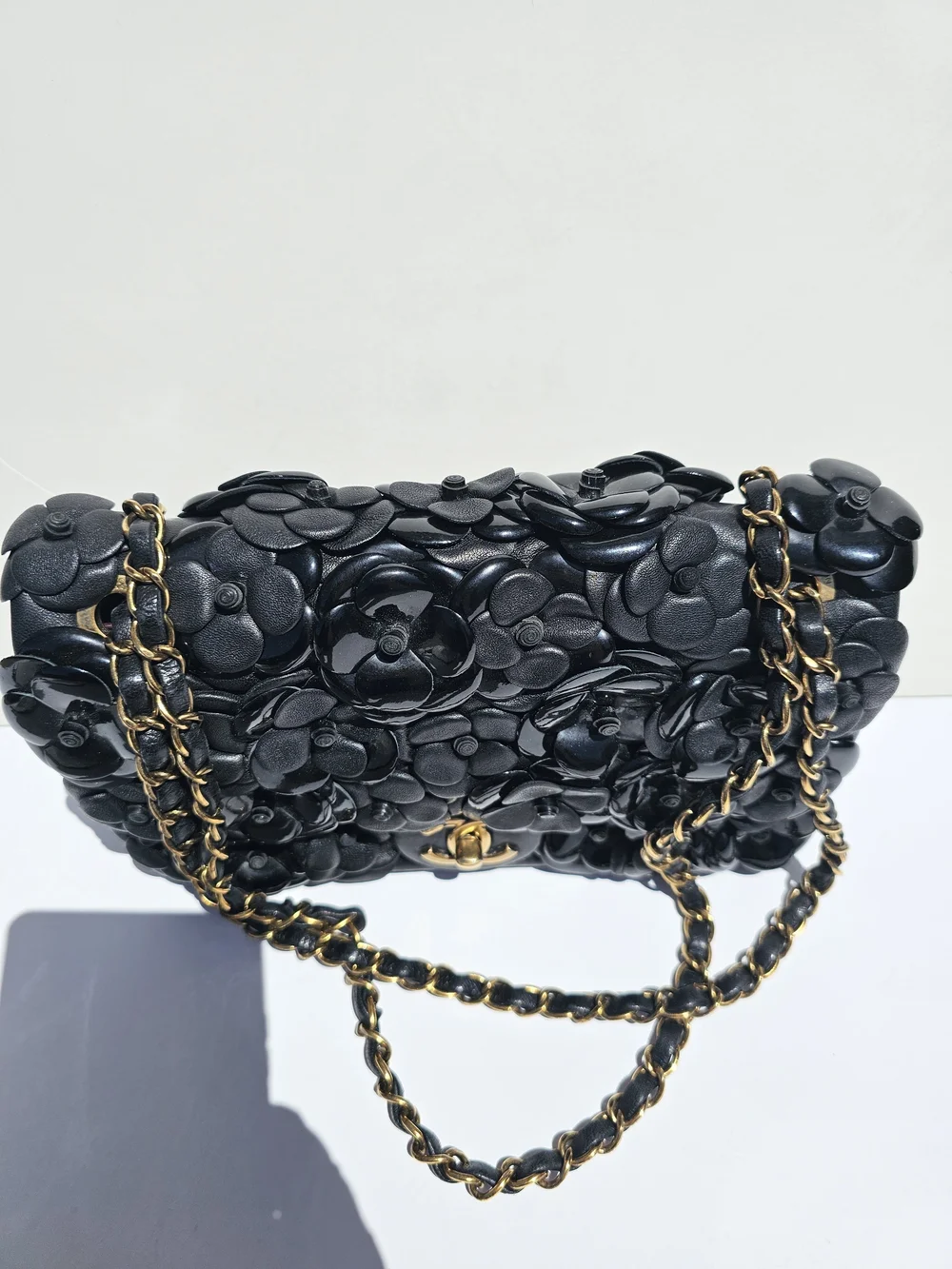 Auth Chanel black leather 3d camellia medium flap bag htf